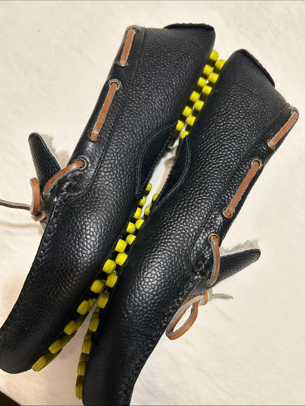 Cole Haan Black Leather Shearling-Lined Driving Moccasins with Brown Lace